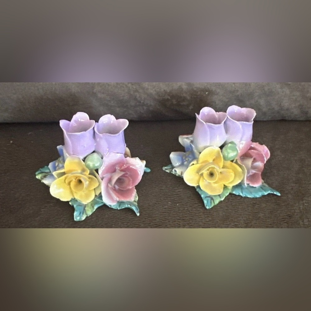 Floral Candle Holders with Purple and Yellow Flowers from Portugal